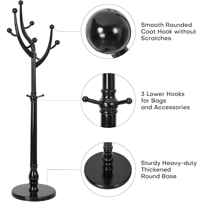 Bekrvio Tree Coat Rack Freestanding with Sturdy Round Base, Black | Unique Coat Hanger Stand, Heavy Duty Standing Coat Rack, For Jacket, Hat, Bags For Entryway / Hallway / Bedroom