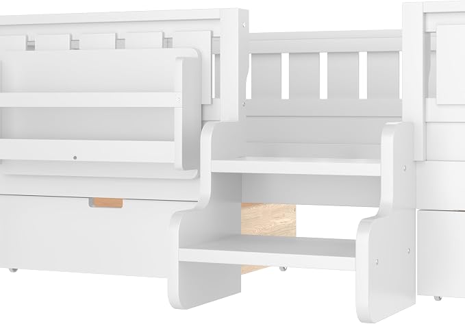 Bellemave Twin Size Kids Bed with high Rails and with Built-in Bookshelf and Drawers for Kids, Girls, Boys, Wood Montessori Bed Without Door, White