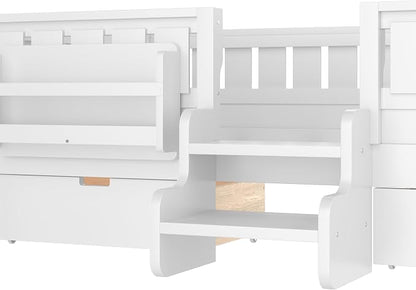 Bellemave Twin Size Kids Bed with high Rails and with Built-in Bookshelf and Drawers for Kids, Girls, Boys, Wood Montessori Bed Without Door, White