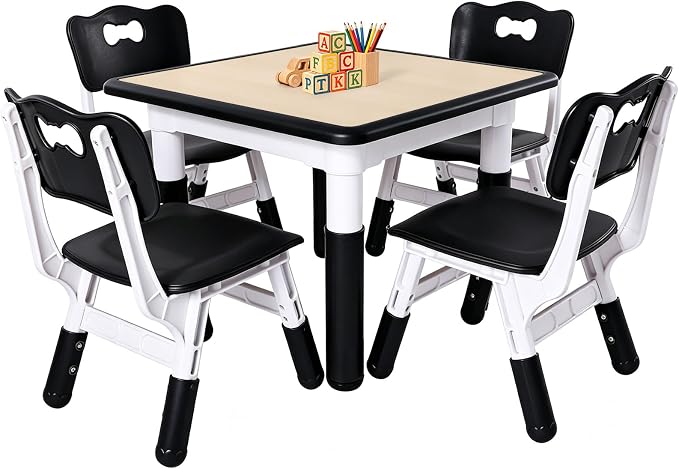 FUNLIO Kids Table and 4 Chairs Set, Height Adjustable Toddler Table and Chair Set for Ages 3-8, Easy to Wipe Arts & Crafts Table, for Classrooms/Daycares/Homes, CPC & CE Approved (5-Piece Set) - Black