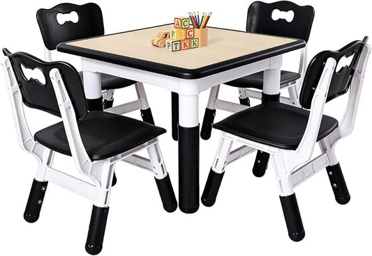 FUNLIO Kids Table and 4 Chairs Set, Height Adjustable Toddler Table and Chair Set for Ages 3-8, Easy to Wipe Arts & Crafts Table, for Classrooms/Daycares/Homes, CPC & CE Approved (5-Piece Set) - Black