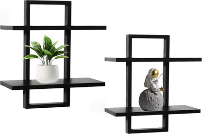 PHOENANCEE Floating Shelves for Wall,Display Hanging Shelf Set of 2,Modern Decorative Plants Shelves,Wood Home Decor Storage Chic for Living Room Bedroom Bathroom Office,Oak Frame,2-Tier Black