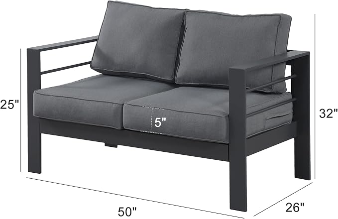 Wisteria Lane Aluminum Outdoor Sofa, 2 Seats Patio Couch All-Weather Rust-Proof Modern Metal Patio Furniture with 5" Thick Olefin Cushions, Light Grey
