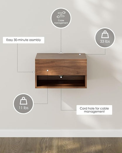 Floating Nightstand, Small Modern Floating Nightstand with Drawer, Floating Shelves for Bedroom, Bathroom (Brown Walnut)