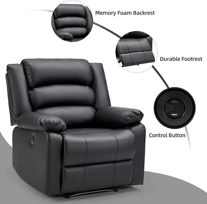 EBELLO Faux Leather Classic Power Recliner Chair, Oversized Electric Overstuffed Reclining Chair with Soft Cushion and Back, Sofa with Comfortable Armchair, Classic Black, 2Pcs