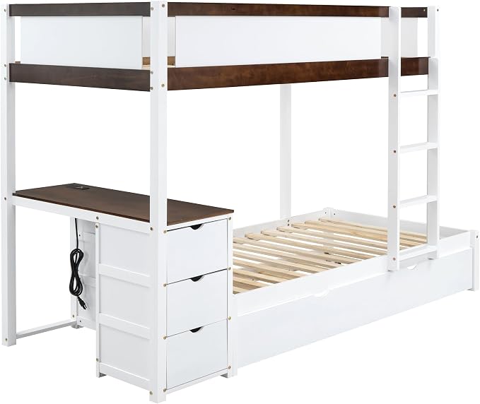 Harper & Bright Designs Twin Over Twin Bunk Bed Twin Size Trundle, Wood Twin Bunk Bed with USB Ports, Storage and Desk, White+Walnut