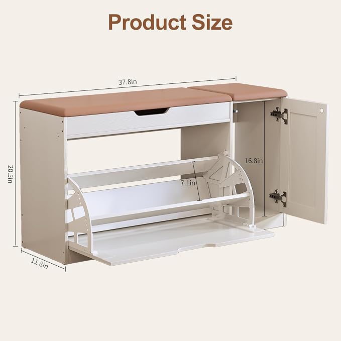 34" Storage Bench with Flip Drawers and Barn Doors, Adjustable Shelf, Flip-up Cabinet & Padded Cushion - Space-Saving Shoe Cabinet, Organizer for Entryway, Hallway, Bedroom
