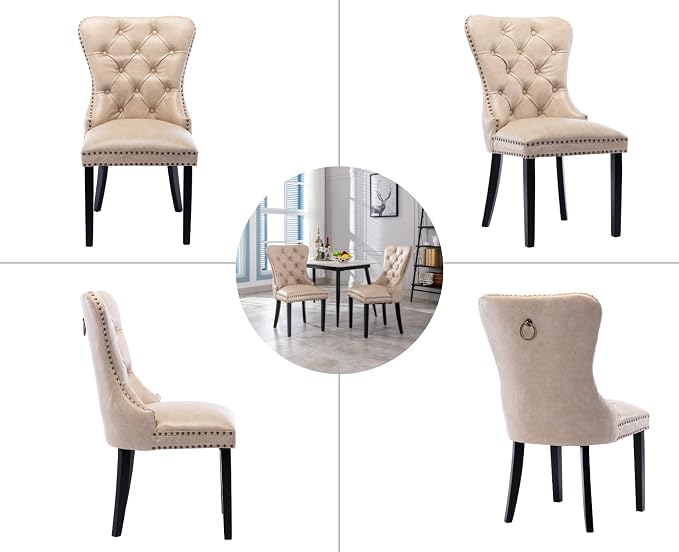 EALSON Modern Dining Chairs Set of 8 Mid Century Leather Dining Room Chairs with Wood Legs Tufted Upholstered Kitchen Side Chairs with Nail Head Trim for Dining Room/Living Room, Beige with Ring
