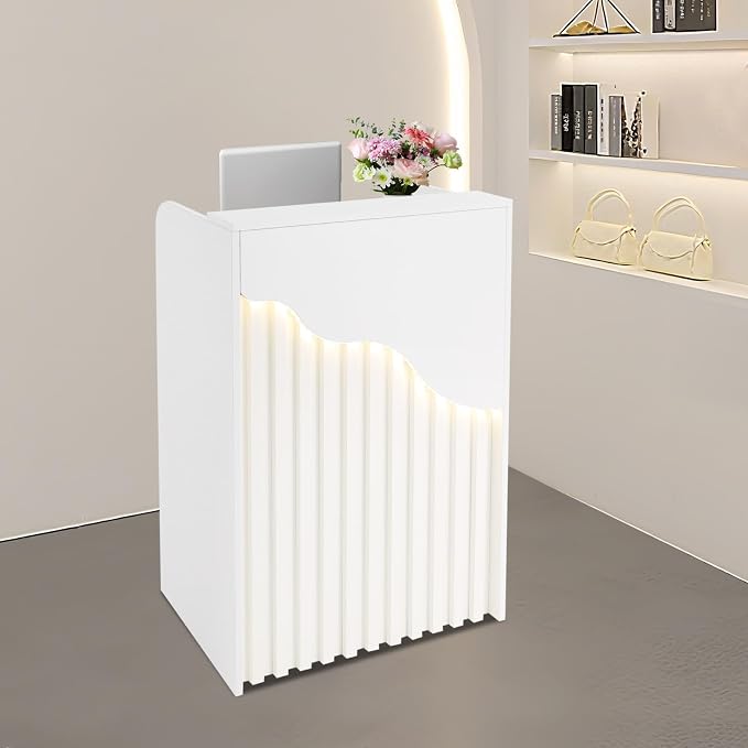 Reception Desk with Counter, Front Desk Reception Counter with LED Light & Lockable Drawer, Wooden Checkout Counter for Lobbies, Salons, Retail, Home Offices, Reception Room - Warm White
