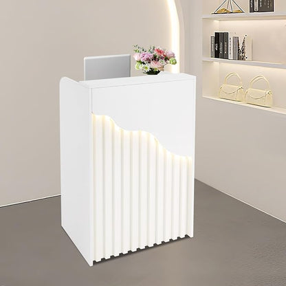 Reception Desk with Counter, Front Desk Reception Counter with LED Light & Lockable Drawer, Wooden Checkout Counter for Lobbies, Salons, Retail, Home Offices, Reception Room - Warm White