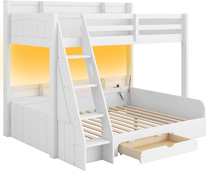 Wood Bunk Bed Twin Over Full Size with Built-in Storage Shelves and Charging Station, Versatile Bunk Bed Frame with Ladder and Guardrail for Kids Teens Adult, Maximize Space (White-5.6)