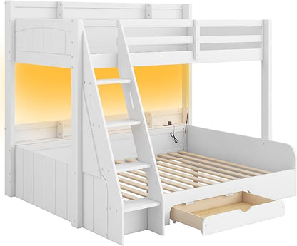 Wood Bunk Bed Twin Over Full Size with Built-in Storage Shelves and Charging Station, Versatile Bunk Bed Frame with Ladder and Guardrail for Kids Teens Adult, Maximize Space (White-5.6)