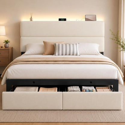 Queen Bed Frame with 2 Storage Drawers, Beige Velvet Upholstered | Platform Bed with Charging Ledge, LED Headboard Lighting, Metal Support, Noise Free, No Box Spring Needed, Easy Assembly