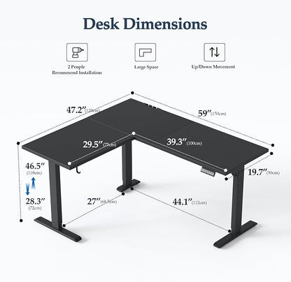 Klicelor L Shaped Standing Desk 59 x 48 Inch, Electric Height Adjustable Corner Desk for Home Office Workstation, Ergonomic Sit Stand Computer Table with Memory Controller, Black