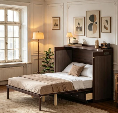 Bellemave Queen Murphy Bed with Charging Station and Storage, Farmhouse Murphy bedframe with Foldable Panel, Noisy Free, for Guest Bedroom, Living Room, Coffee