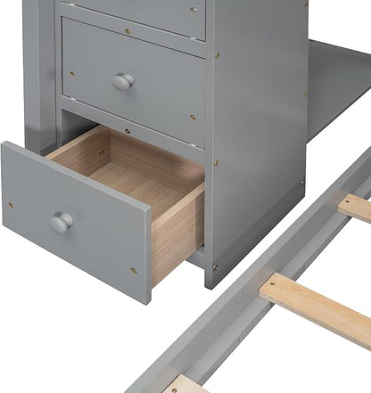 Ball & Cast Twin Over Full Bunk Bed with Safty Guardrail & Storage Stairs,Wood Bedframe W/ 3-Layer Shelves & Drawers,Easy Assembly,Space Saving,Compact Bedroom Furniture Set for Boy Girl Teens,Gray