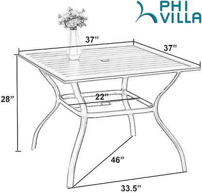 PHI VILLA 5 Pieces Outdoor Dining Set for 4, 37" Black Metal Table with Umbrella Hole & Swivel Wrought Iron Chairs with Cushions, Outside Furniture for Patio, Deck, Yard, Porch