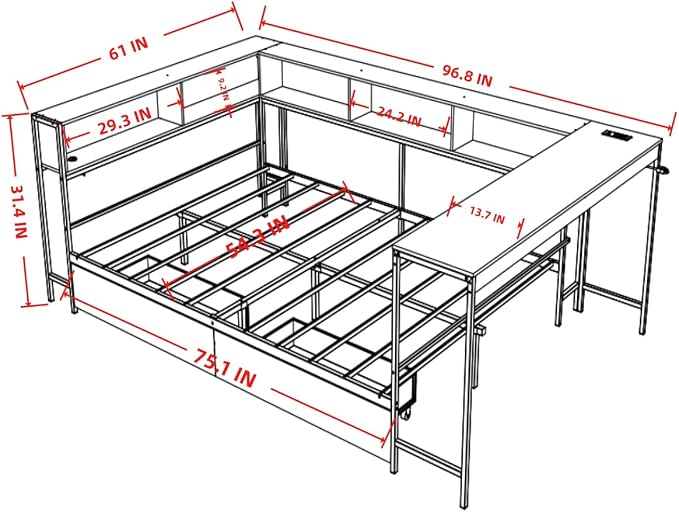 Bellemave Full Size Corner Bed Frame with Storage Bookcase & 2 Drawers, Modern Metal Full Daybed with LED Lights & Charging Station, Reversible Full Corner Bed with Desk for Space-Saving, Grey