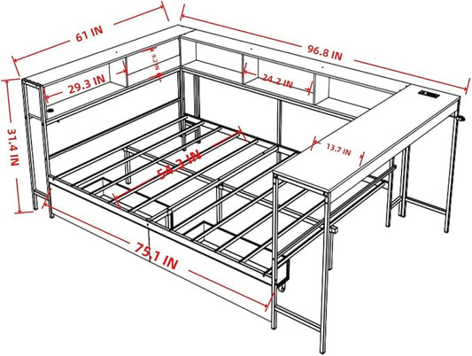 Bellemave Full Size Corner Bed Frame with Storage Bookcase & 2 Drawers, Modern Metal Full Daybed with LED Lights & Charging Station, Reversible Full Corner Bed with Desk for Space-Saving, Grey