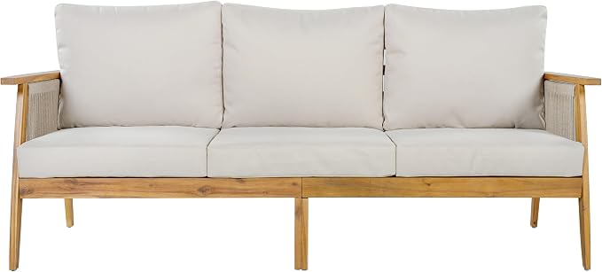 Christopher Knight Home Outdoor 3 Seater Patio Sofa with Acacia Wood Frame and Rope Weave Design, Cushioned Garden Couch with Removable Covers for Patio Deck Balcony, Teak and Beige