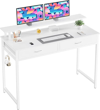 DUMOS 40 Inch Computer Desk with Monitor Stand and 2 Drawers, Small Writing Desk for Home Office with Headphone Hook, Compact Study Table for Bedroom, White