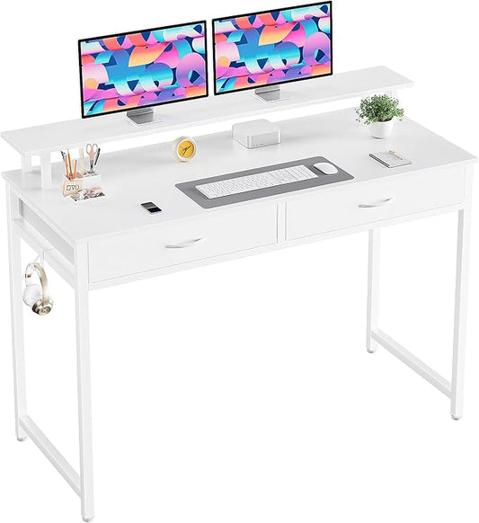 DUMOS 40 Inch Computer Desk with Monitor Stand and 2 Drawers, Small Writing Desk for Home Office with Headphone Hook, Compact Study Table for Bedroom, White