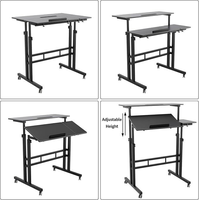 SogesHome 31.5 inches Adjustable Laptop Desk Table, Portable Computer Stand with Cart Tray and Computer Host Stand, Black