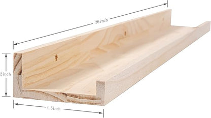MBYD 36 Inch Natural Wood Floating Picture Ledge Shelf, Wall Mounted Nursery Bookshelf for Kids Books, Vinyl Records & Photo Display, Rustic Farmhouse Wall Decor for Bedroom, Living Room & Nursery