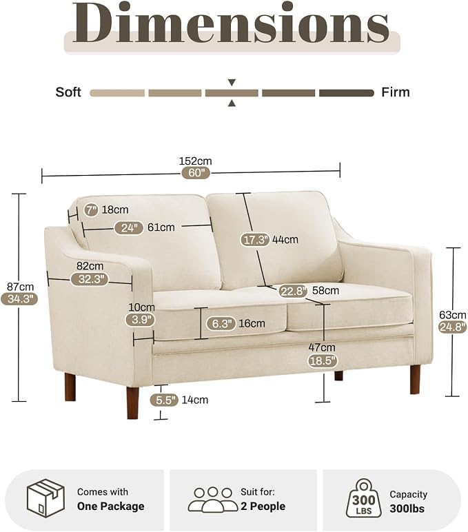 Kingfun 60" Chenille Sofa, Loveseat Couch, Mid Century Modern Love Seat Couches with Solid Wood Frame for Living Room Bedroom