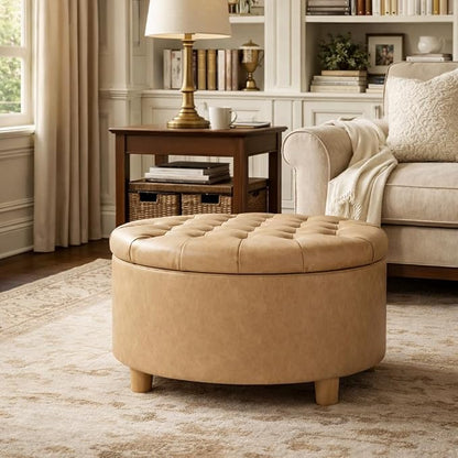 HomePop 28" Button Round Storage Ottoman - Light Camel Faux Leather