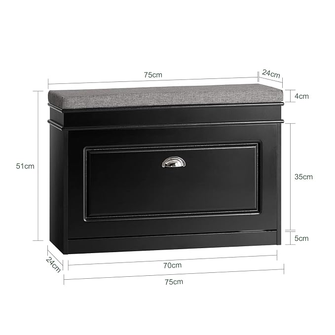 SoBuy Small Shoe Storage Bench, Black Narrow Shoe Cabinet for Entryway, Shoe Rack with Cushion&2 Tiers Flip-Drawer, Closet Hallway Mudroom FSR82-L-SCH