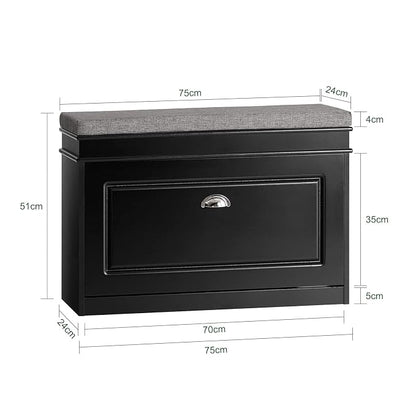 SoBuy Small Shoe Storage Bench, Black Narrow Shoe Cabinet for Entryway, Shoe Rack with Cushion&2 Tiers Flip-Drawer, Closet Hallway Mudroom FSR82-L-SCH