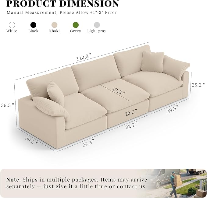Modular Cloud Sofa,Convertible 3-Seater Set,Extra Deep Seat Down Filled Seat,Washable & Replaceable Cushion Covers for Living Room,Apartment,Khaki