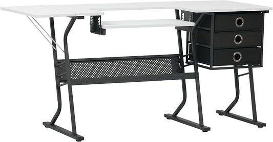 Sew Ready Eclipse Hobby Sewing Table, 60.25 x 23.75" Overall Platform Size with Large Lower Storage Drawer, 2 Side Shelves & Cloth Drawer, Black/White