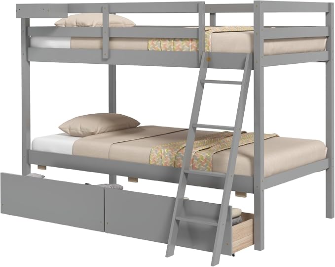 KOTEK Bunk Bed Twin Over Twin with 2 Storage Drawers, Solid Wood Bunk Bed Frame with Storage Cube, Guardrails, Ladder, No Box Spring Needed, Twin Bunk Beds for Kids Teens (Grey)