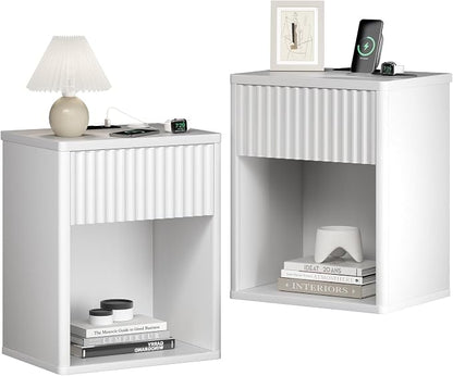 White Nightstands Set of 2 w/Charging Station, Wooden End Table Bed Side Table with Curved Drawer, Mid Century Modern Fluted Night Stand with Rounded Edge for Bedroom, Living Room
