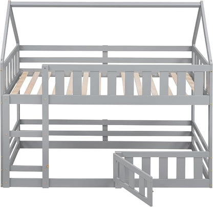 SOFTSEA Twin Over Twin House Bunk Bed, Solid Wood House Bunk Bed Frame with Ladder, Door & Safety Guardrails, Floor Bunk Beds for Kids, Noise Free, Easy Assembly, Grey