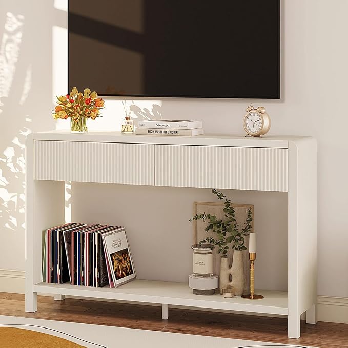 FATORRI Entryway Console Table with 2 Drawers, 47.2 inch Modern Sofa Table for Living Room, Couch Tables Behind Sofa and Hallway Tables with Storage, Antique White
