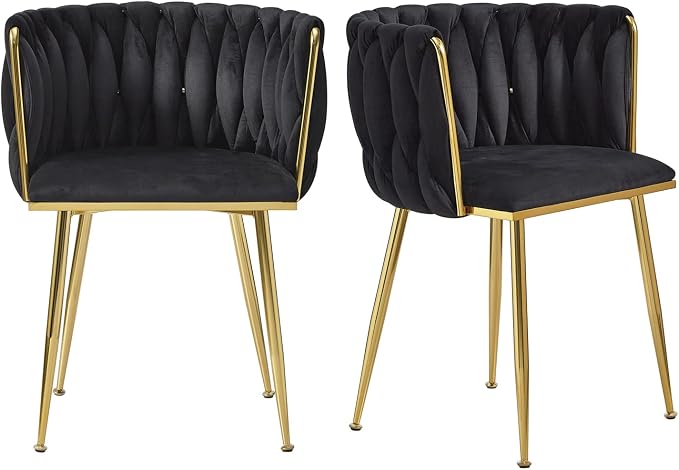 Black Velvet Dining Chairs Set of 2, Upholstered Dining Chairs with Golden Metal Legs, Modern Woven Dining Chair for Dining Room, Kitchen, Vanity, Living Room