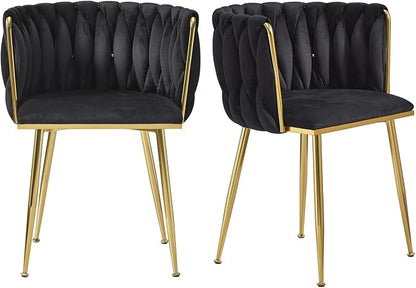 Black Velvet Dining Chairs Set of 2, Upholstered Dining Chairs with Golden Metal Legs, Modern Woven Dining Chair for Dining Room, Kitchen, Vanity, Living Room