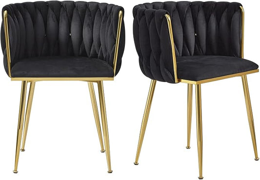 Black Velvet Dining Chairs Set of 2, Upholstered Dining Chairs with Golden Metal Legs, Modern Woven Dining Chair for Dining Room, Kitchen, Vanity, Living Room