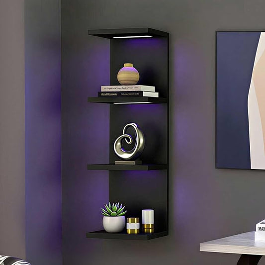 VIWODS 4-Tier Wall Shelf Unit with RGB Lights, Floating Lack Shelf for Home Decor, Wall Mounted Vertical Display Shelf for Bedroom Living Room Vanity, Black