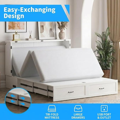 PUREMIND Murphy Bed Queen with Mattress Included, Crisscross Frame Cabinet Beds Chest with Charging Station & Storage Drawers, Convertible Hideaway Cabinet Bed for Guest Room, Small Spaces, White