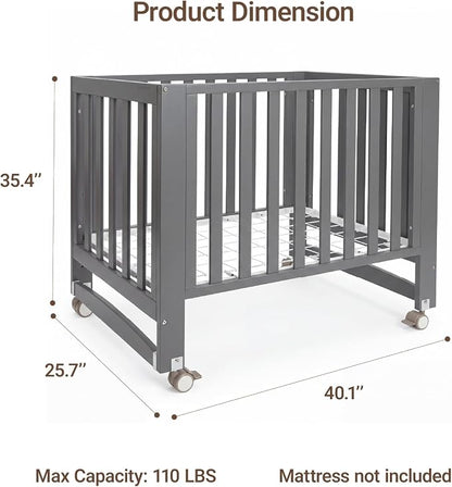 MAMAZING EvoNest 6-in-1 Convertible Baby Mini Crib with Wheels, GREENGUARD Gold Certified, 4 Adjustable Mattress Heights, 100% New Zealand Pine Wood, Portable Crib for Small Spaces, Gray
