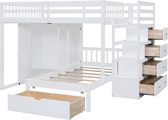 Ball & Cast Full Over Twin Bunk Bed with Safty Guardrail & Storage Stair,Wood Loft Bedframe W/Wardrobe & Drawers,Space-Saving Design,Easy Assembly,Versatile Furniture for Boy Girl Teen Bedroom,White