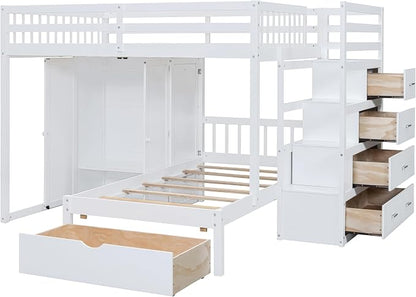 Ball & Cast Full Over Twin Bunk Bed with Safty Guardrail & Storage Stair,Wood Loft Bedframe W/Wardrobe & Drawers,Space-Saving Design,Easy Assembly,Versatile Furniture for Boy Girl Teen Bedroom,White