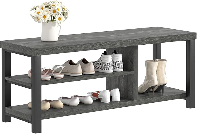 EXCEFUR Industrial Entryway Bench, Rustic Indoor Shoe Boot Storage Bench Seat for Living Room, Grey