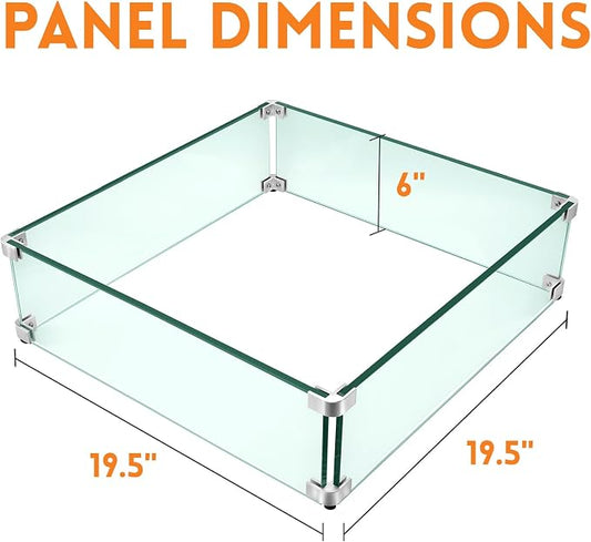Fire Pit Wind Guard, 19.5" x 19.5" Square Tempered Glass Wind Shield for Firepit & Fire Table, Thick Glass and Easy Installation with Included Tools, Airflow Management for Stable Flame