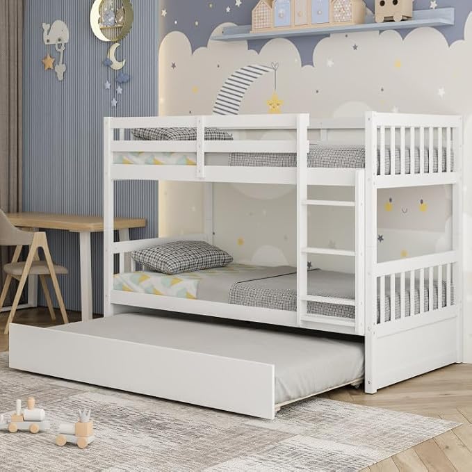 NAFORT Twin Over Full Bunk Bed with Trundle, Solid Wood Bunk Bed Frame, Ladder & Guardrails, Converts to 2 Platform Beds for Kids/Teens/Guests (White, Twin Over Twin with Trundle)