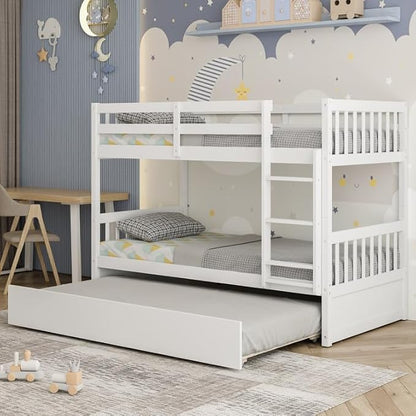 NAFORT Twin Over Full Bunk Bed with Trundle, Solid Wood Bunk Bed Frame, Ladder & Guardrails, Converts to 2 Platform Beds for Kids/Teens/Guests (White, Twin Over Twin with Trundle)